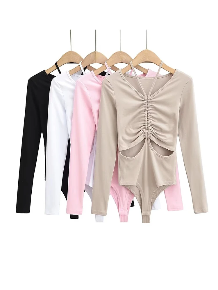 Women Drawstring Halter Folds Hollow Out Bodysuit Stretchable Slim Long Sleeve Jumpsuit