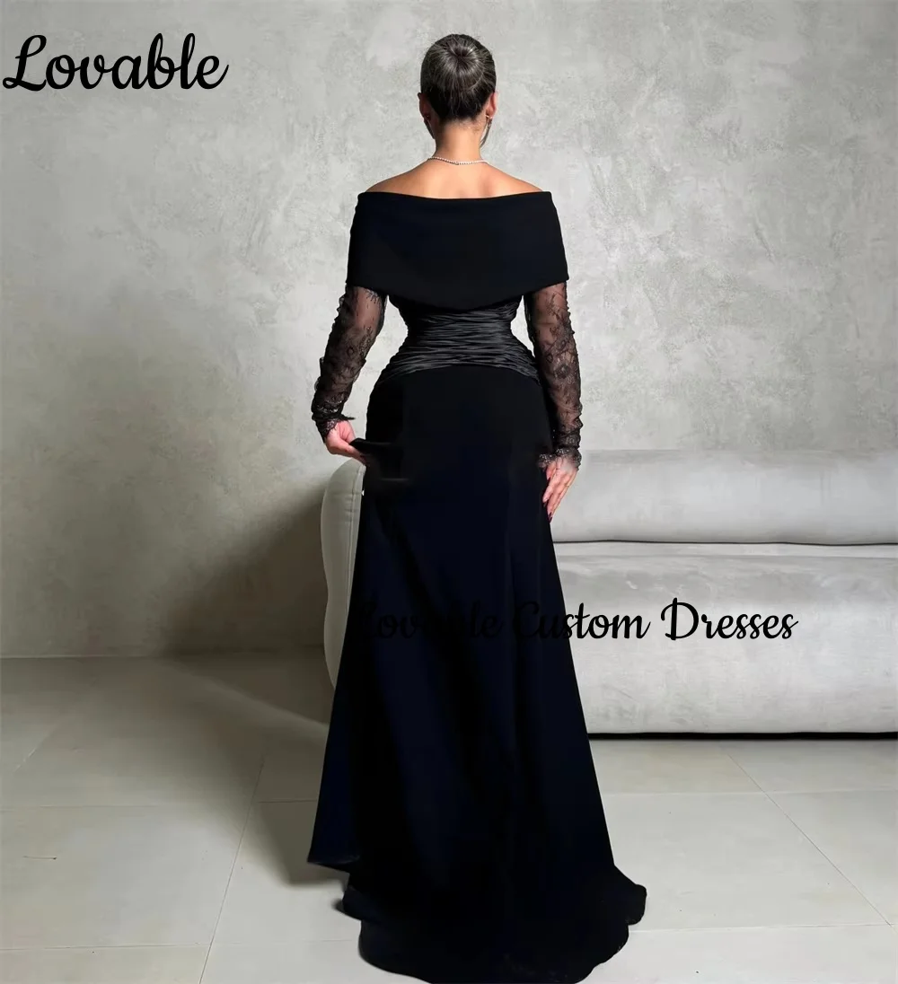 우아한 맞춤형 블랙 럭셔리 이브닝 드레스 A라인 오프숄더 플로어 길이 레이스 공식 행사 드레스 긴 소매