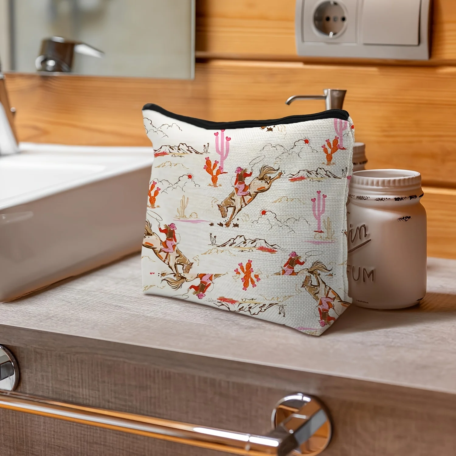 생생한 서부 카우걸 캠핑 메이크업 가방 - 여성용 귀여운 다기능 지퍼 가방, 보석 보관 가방