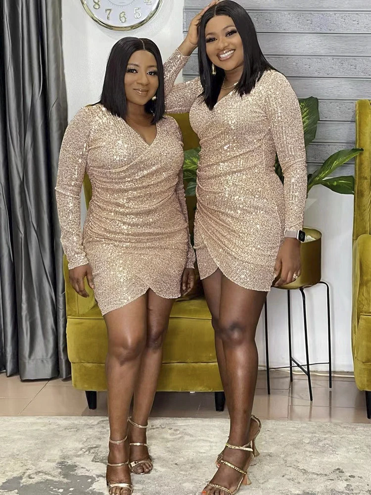 

African Women Slim Dresses Dashiki Sequin Long Sleeve Sexy Mini Dress Party Prom Night Club Bodycon Robes Wedding Evening Gowns