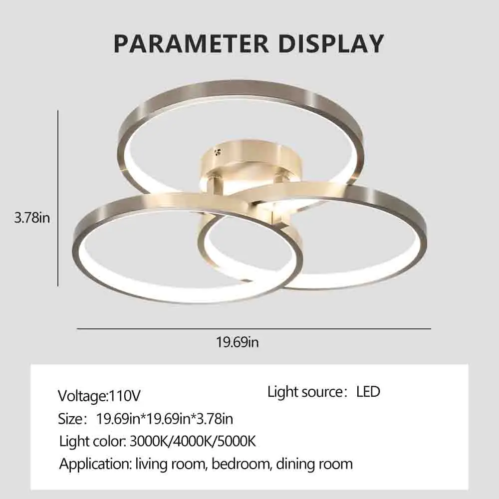 Design de três anéis, instalação semi-embutida moderna, luz de teto de iluminação LED de anel interno