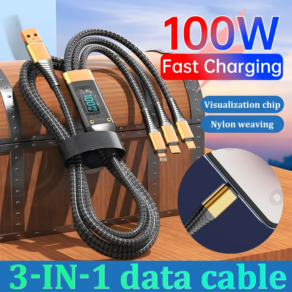 3-in-1 100W Data Cable Digital Display Charging Power Fast Charging Outdoor Charging Adapter For IOS Micro USB Type-C