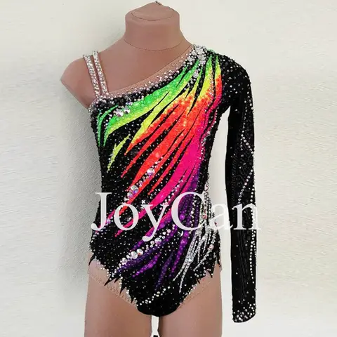 JoyCan 여성용 리듬 체조 레오타드, 블랙 스판덱스, 우아한 댄스 의상, 대회
