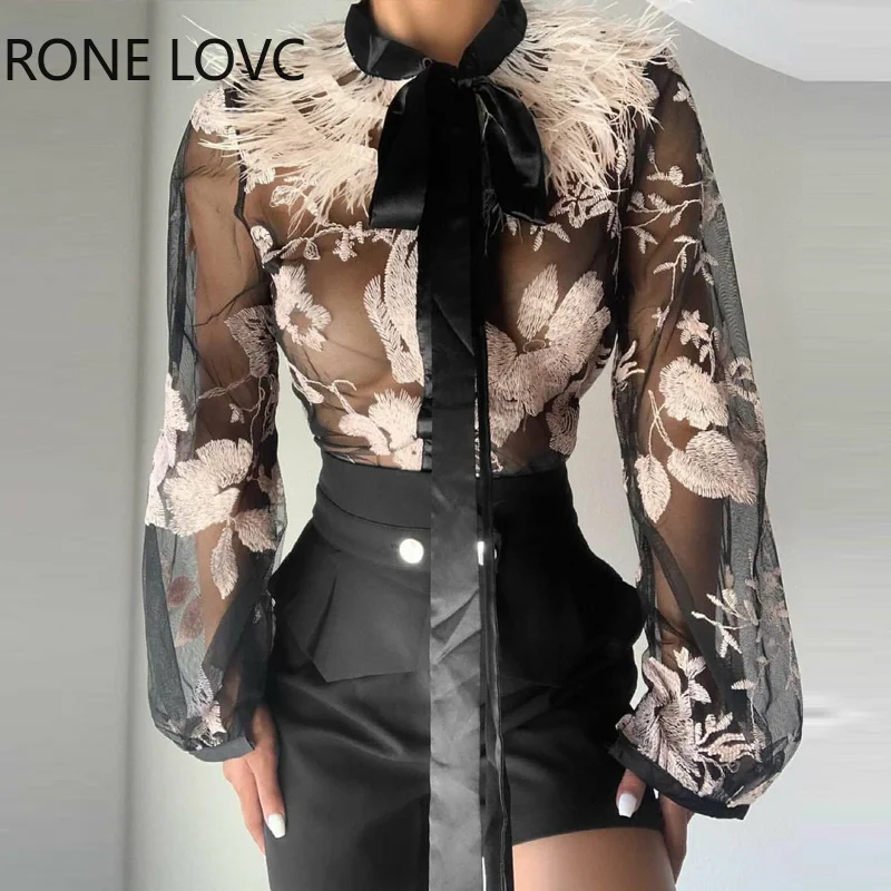 Women Chic Floral Bowknot Lace up feather collar perspective Mesh Black Blouse