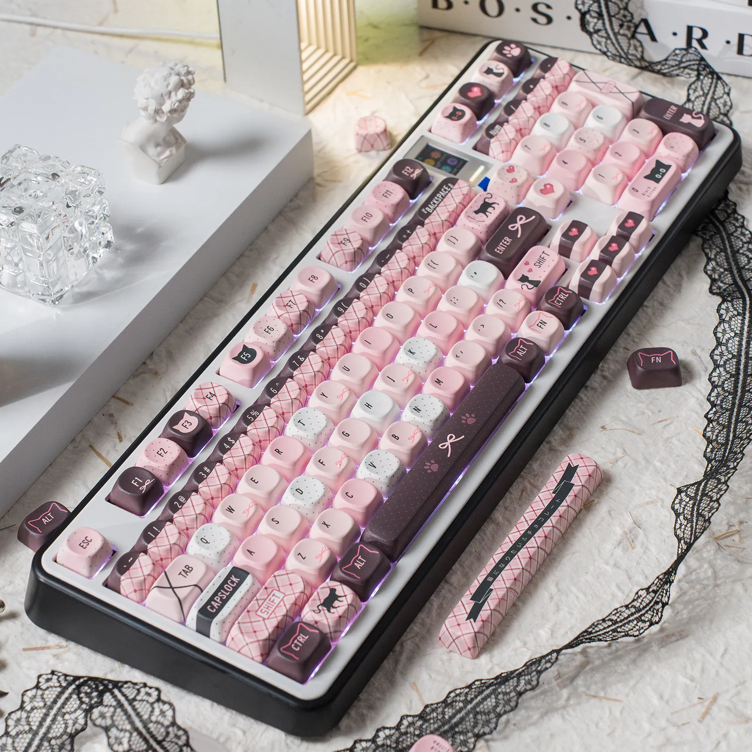 Kitty MOA Keycaps Black Pink Colorway PBT Dye Sub Cute Ball Keycap for 61/68/75/84/87/98/108 Layout& Split Keyboard 143 Keys