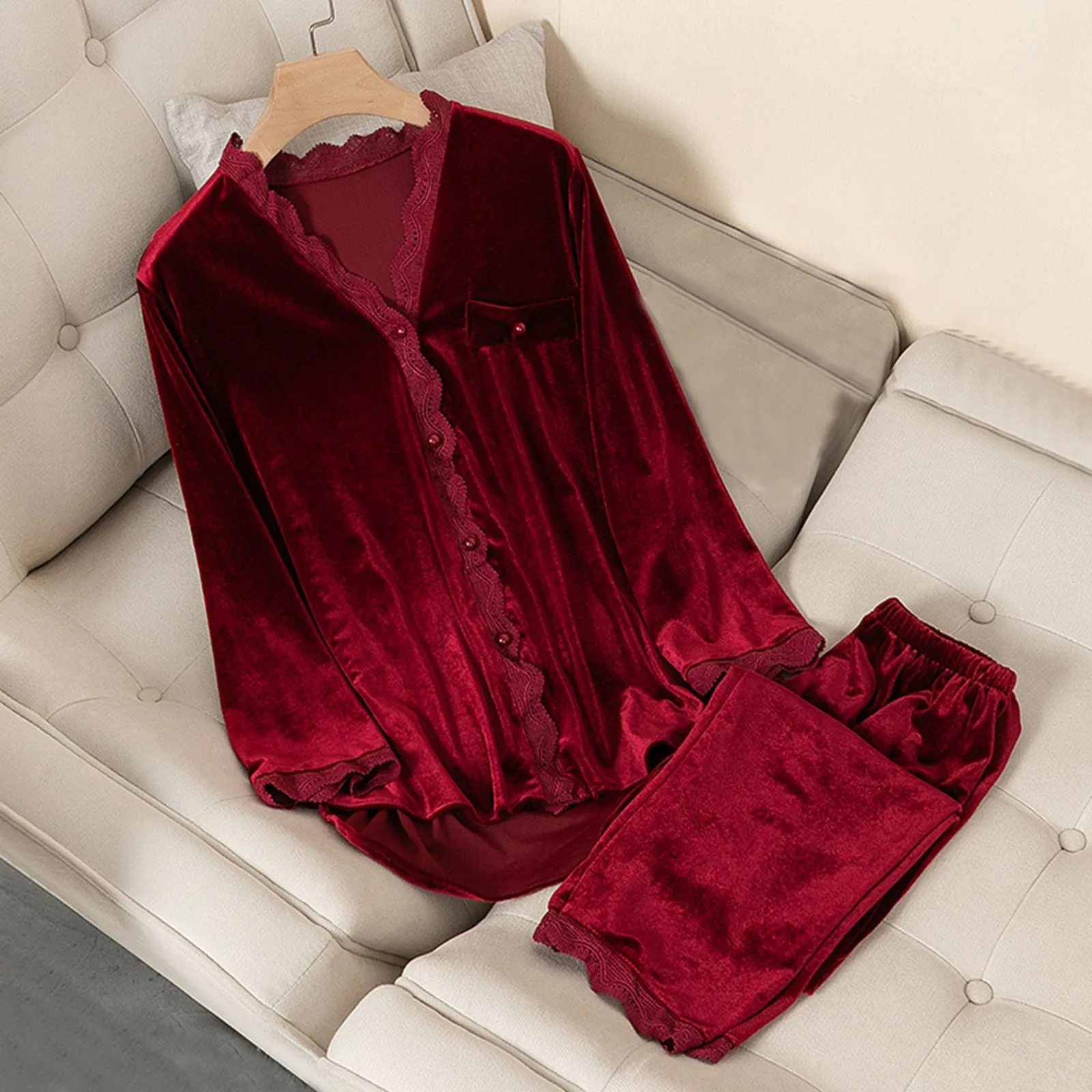 

Ladies Long Sleeve Pajama Sets V Neck Lace Sweet Velvet Two Piece Home Clothing Valentines Plus Size Button Up Pajamas For Women