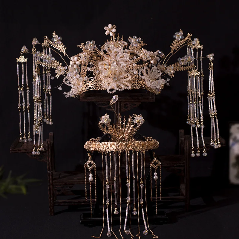 

New Chinese Headdress Crown Headband Catwalk Stage Wedding Hair Accessories Pearls Beaded Tassel Tiaras Earring Hair Jewelry