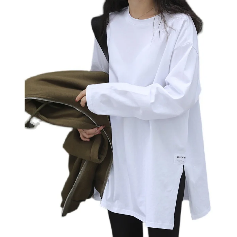 Student Spring Autumn Sports Solid Color Slit Long Sleeve T-Shirt Women Girl Base Shirt Top Ladies Casual Slim-Fit Woman Shirt