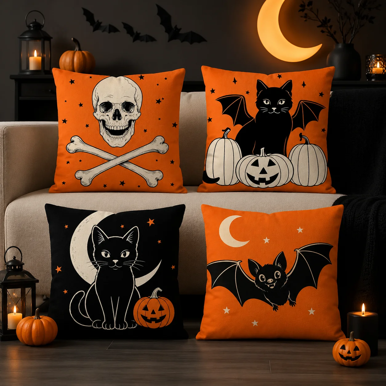 Halloween Black CatS Skeleton Cushion Cover Double-Sided Plush Sofa Cushion Covers Organic Breathable Invisible Zipper