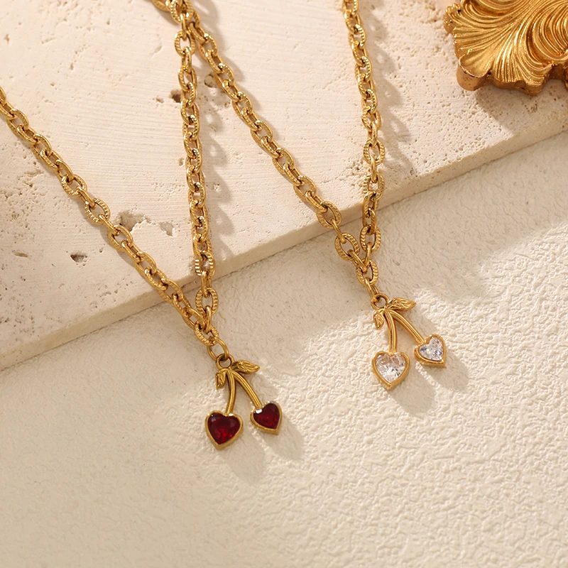 EILIECK 316L Edelstahl Herzförmige Kirsch-Zirkon Halskette Ohrringe Set für Damen Neuer Trendiger Wasserdichter Schmuck Damengeschenk – Detail 9