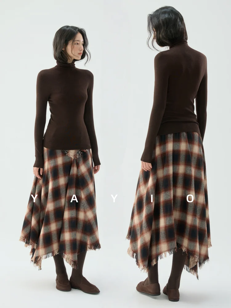 

YAO Retro Asymmetric Hem Tassel f Skirt Faionable Versatile Autumn Winter Cotton Blend Busin Casual Skirt