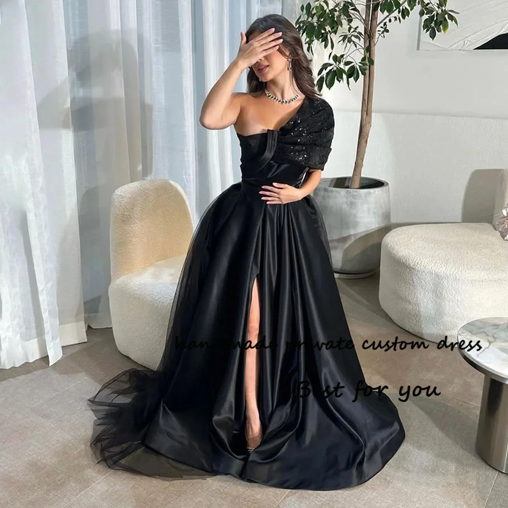 

Black A Line Evening Dresses with Slit Sequins Satin One Shoulder Prom Party Dress Long Arabic Dubai Formal Evening Gowns