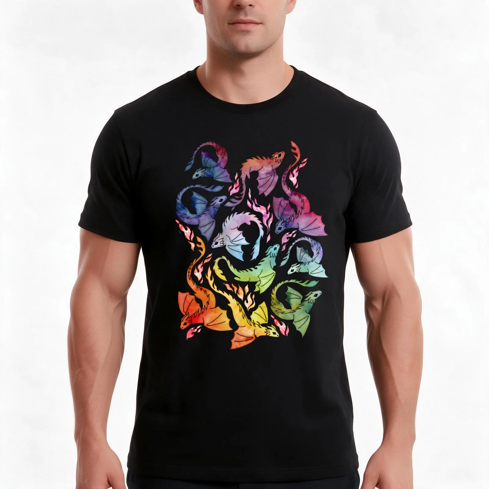 Dragon fire rainbow T-Shirt, Summer Casual Cotton Tee, Oversized Streetwear Tops, Vintage Graphic Print, Loose Fit Short Sleeve