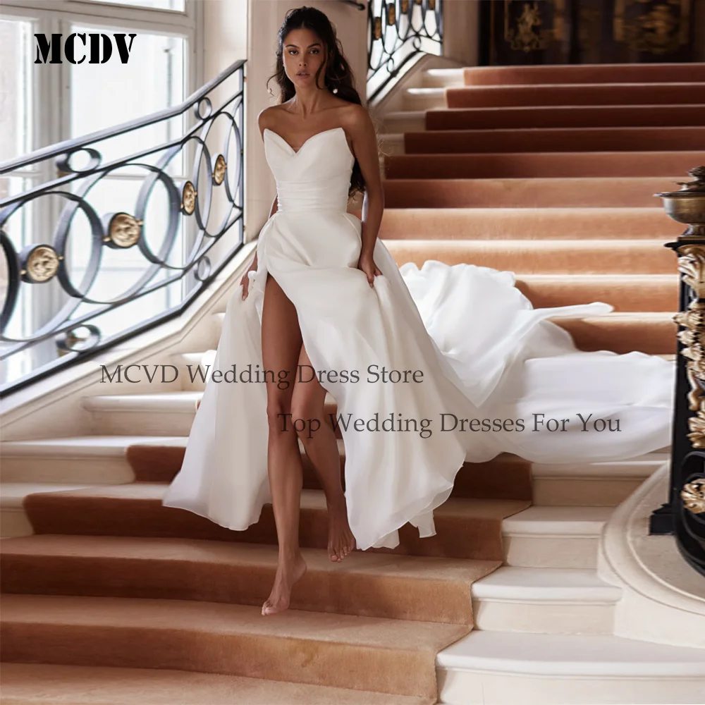 

MCDV Elegant Weddings Dresses For Bride Strapless Split A-Line Pleat Bride Gowns robe de mariée grande taille Customized