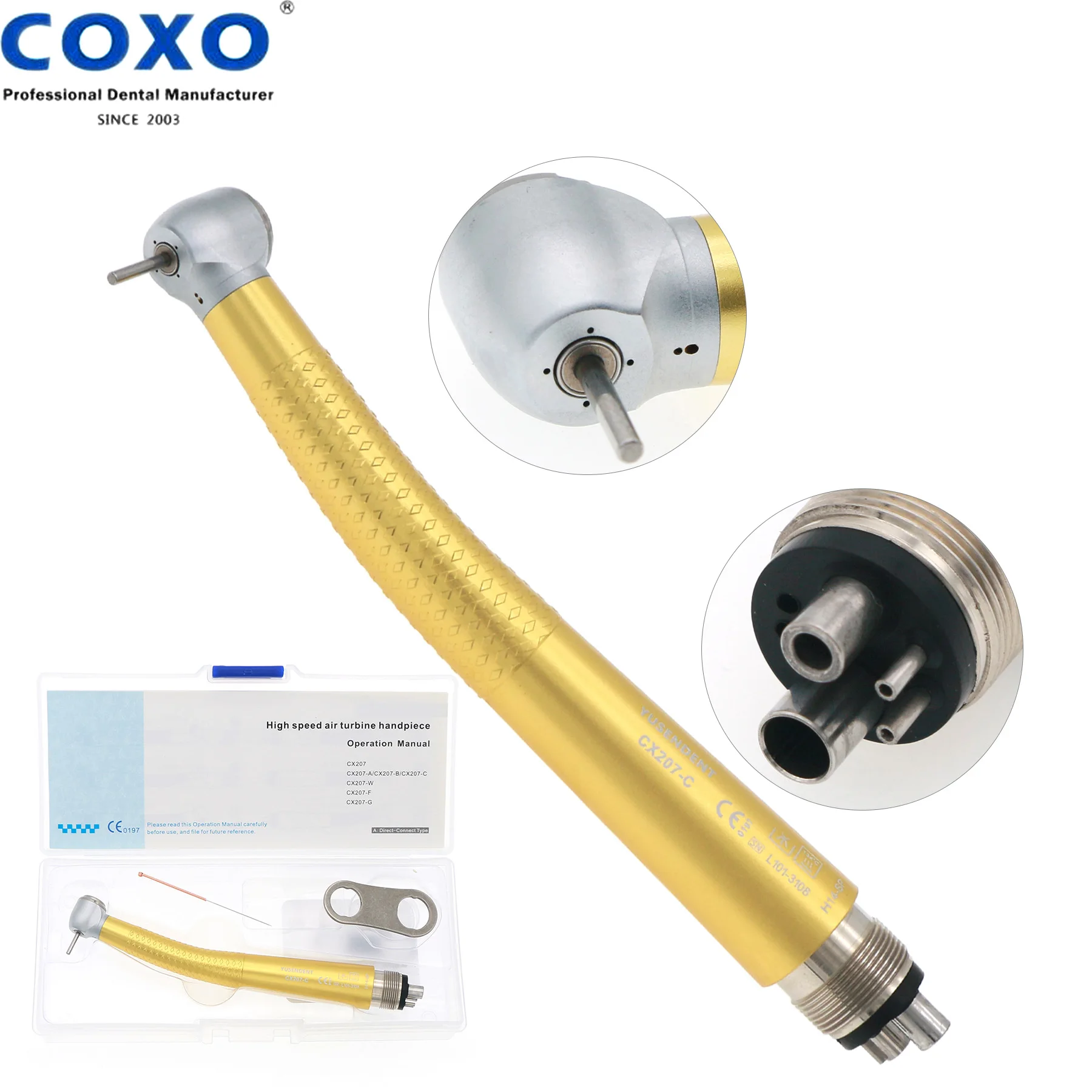 

COXO YUSENDENT Dental High Speed Handpiece 4Hole Single Water Spray Push Button Standard Head Yellow