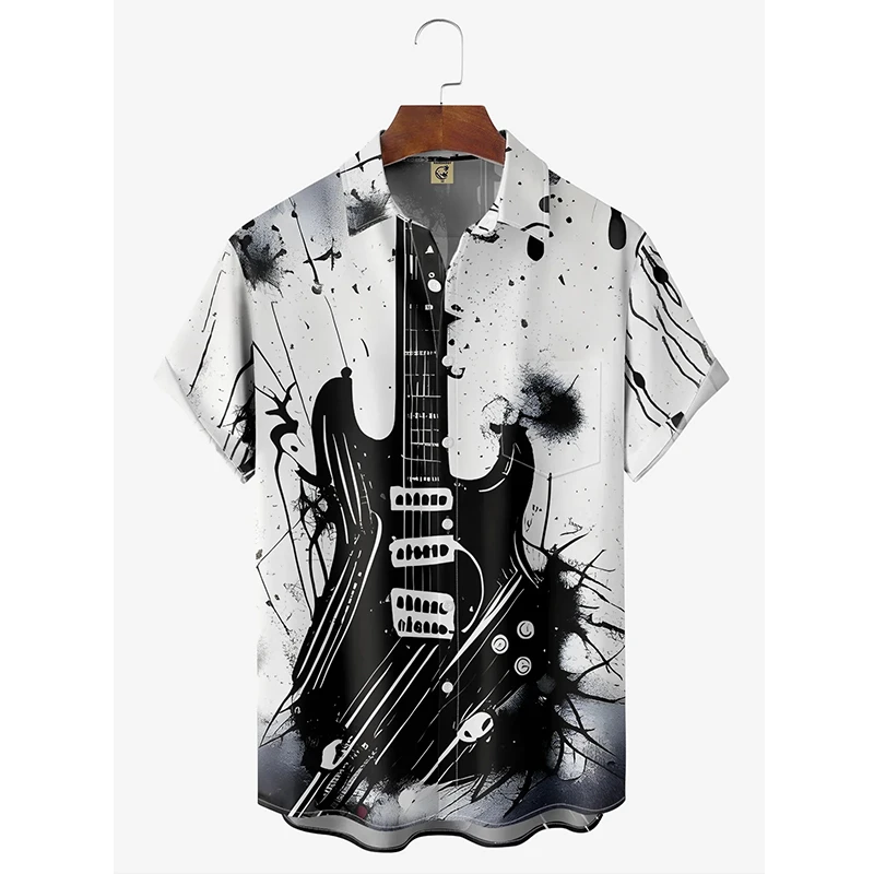 

Hawaii Beach Shirt Men's Quick Dry Summer Short Sleeve Guitar Print Harajuku Casual Blouse Street Korean Clothing 2024 Camisa