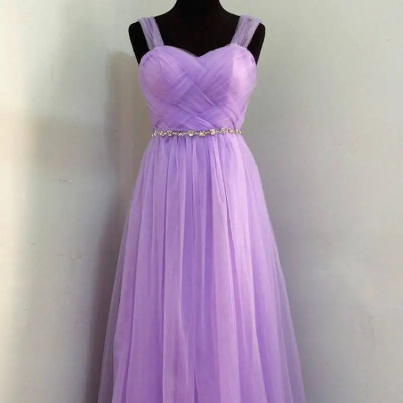 

Custom Made Lilac Purple Bridesmaid Dress Grey Graduation Homecoming Gown Floor Length Tulle Wedding Party Dresses Crystal Waist