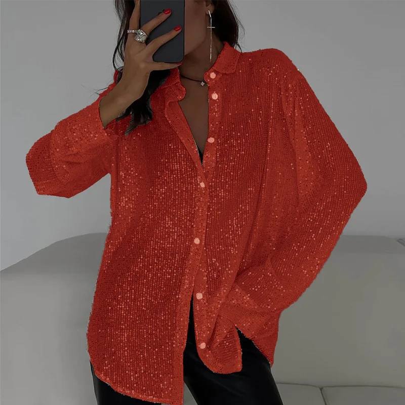 Camicetta di lusso con paillettes Camicia ampia lucida Colletto rovesciato Top monopetto a maniche lunghe da donna Abbigliamento femminile di base