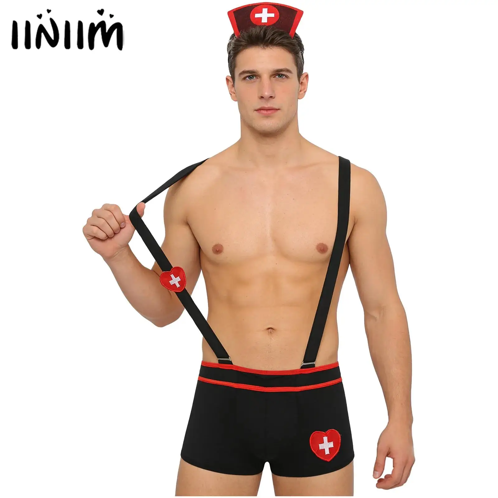 

Mens Drag Queen Nurse Cosplay Lingerie Set Headwear Bulge Pouch Sling Boxer Shorts Mankini Briefs Sissy Crossdressing Underwear
