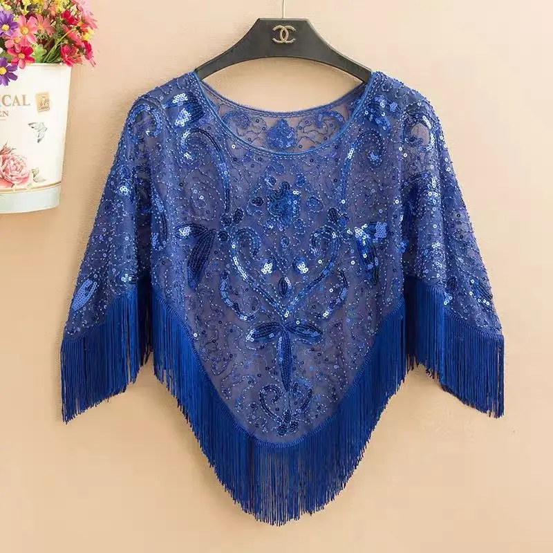 Cape Batman Top New Blouse Women\'s Summer Mesh Sunscreen Clothing Lace Large Size Loose Fringed Pullover Shawl