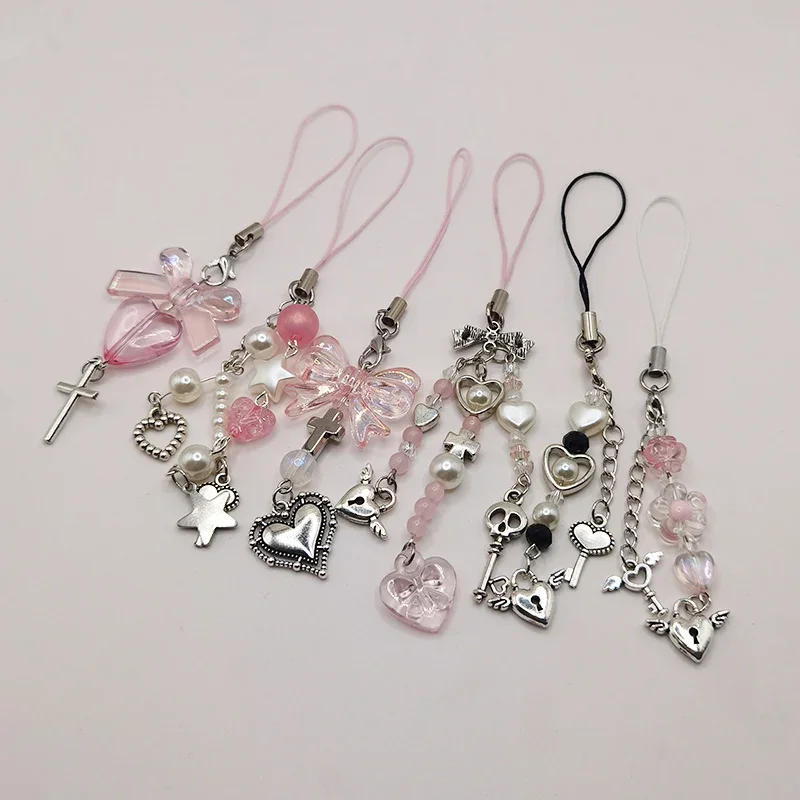 Pink Y2K Phone Charms Pendant Kawaii Key Chain For Bag iPhone Samsung Cute Accessories Women Girl Strap Lanyard Beaded Ins Korea