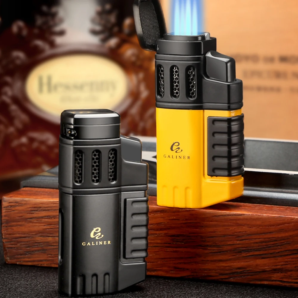 GALINER Cigar Lighter With Punch Smoking Accessories Windproof 4 Jet Blue Flame Torch Lighters For Cigar