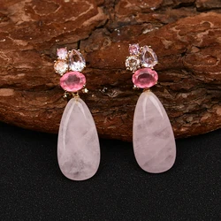 GG Natural Rose Quartz Teardrop Pink Stone Mix Crystal Gold Color Stud Dangle Earrings Luxury Lady Cute Gifts
