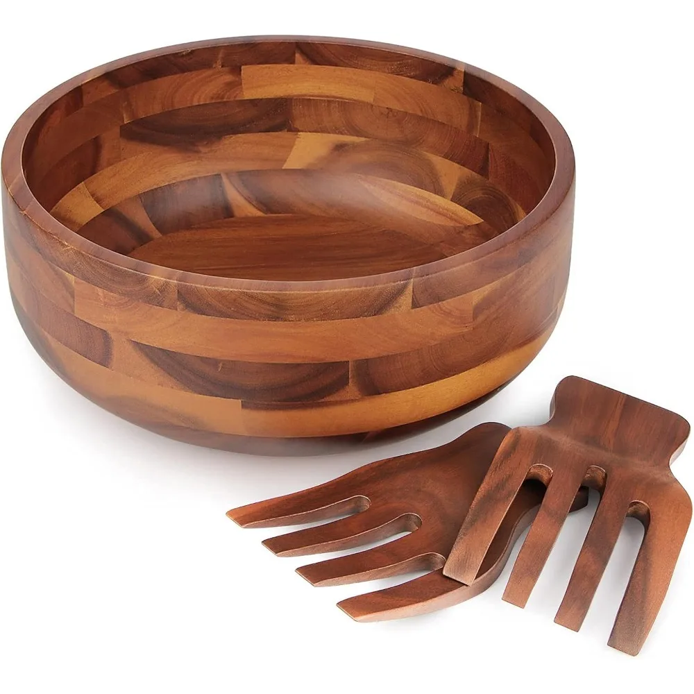 

Large Acacia Wood Salad Bowl Set with 2 Wooden Hands, Mixing Bowl for Fruits, Salad, Cereal - 11" x 4.5"
