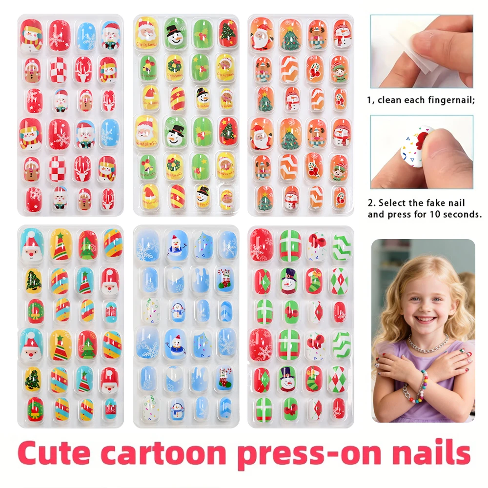 144Pcs Christmas Children False Nails Lovely Snowman Snowflakes Press On Nail Tip DIY Short Round  Kid Gifts False Nails Tips