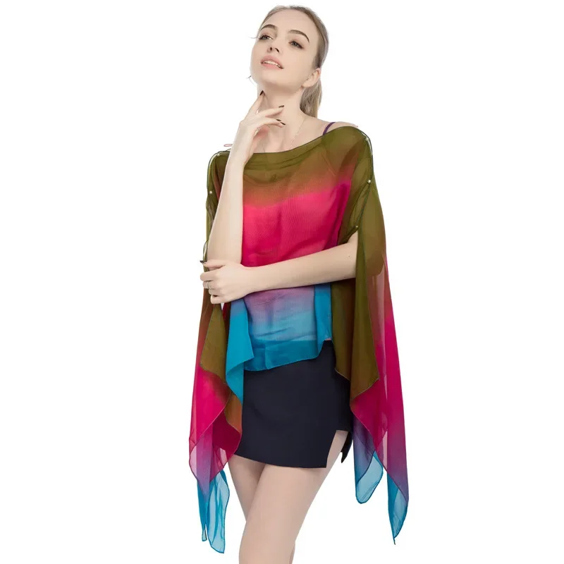 2024 Summer Style New Chiffon Women Pullover Cape Print Gradient Rainbow Sunscreen Cape Lady Poncho Capes Green Imitation Silk