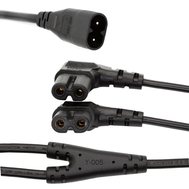 45cm IEC 320 C8 Male to Dual C7 Right Angle Female Y Split Power Cable, IEC 2Pin Figure 8 Male to 2 Female Extension Cord Black