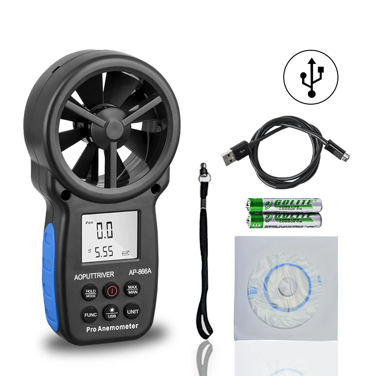 

HP-866A HVAC Anemometer for CFM Air Flow Handheld CFM Meter Connec to PC via USB Data Reading, Wind Speed Meter with Backlight