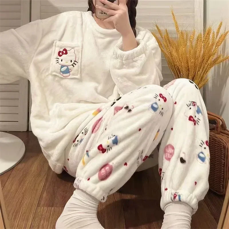 Sanrio Hello Kittys Plush Sleepwear Y2k Woman Melody Anime Cartoon Kawaii Thickening Nightgown Loungewear Warm Fleece Pajamas