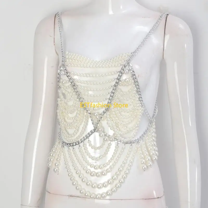 Y5GC Multilayer Body Chain Harness Pearls Chest Chain Fashion Body Chain Bra Nightclub Party Body Jewelry Accessories Gifts