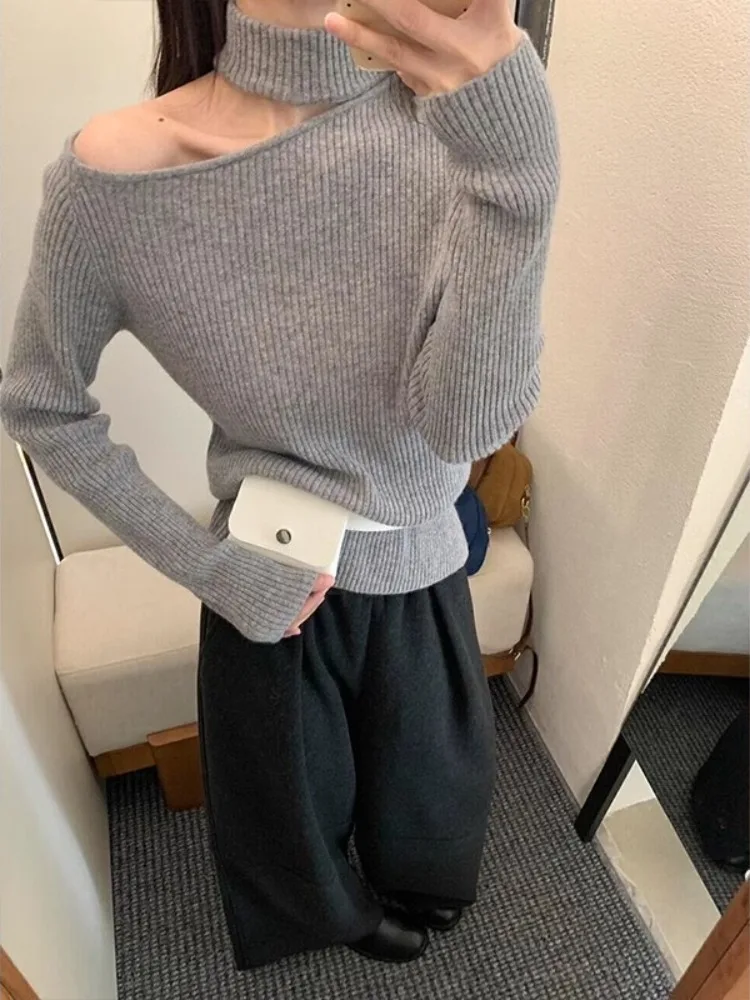 

Модный вязаный базовый топ для женщин, весенняя внутренняя одежда, асимметричный, с вырезами, с длинными рукавами, свободного кроя, для повседневной носки