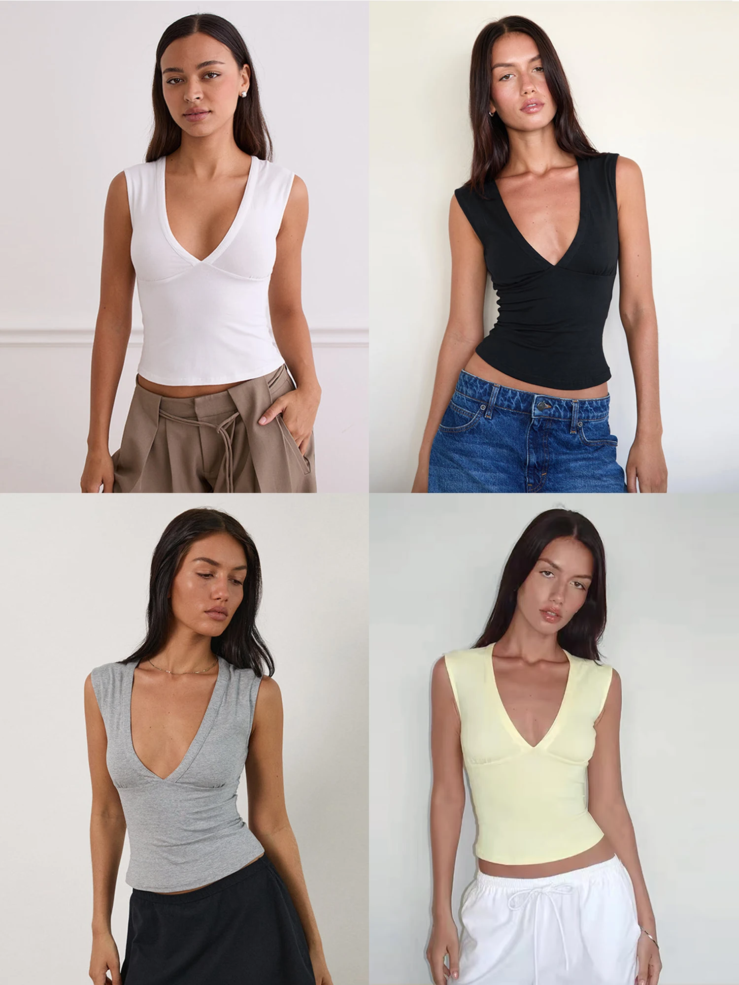 

Женская облегающая майка SUNDAYAM с глубоким V-образным вырезом, однотонная, повседневная, сексуальная, для прогулок, летняя новинка