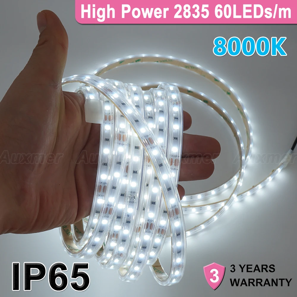 LED Strip Light DC12V High Power 2835 60LEDs/m 9.6W/m,IP65 Waterproof Cold White 8000K Diode Tape,Flexible LED Lights Strip 5m