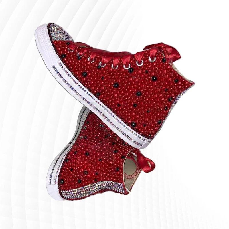 Red diamond pearl ribbon party wedding high top women\'s shoes handmade custom large size lace-up canvas shoes 35-44