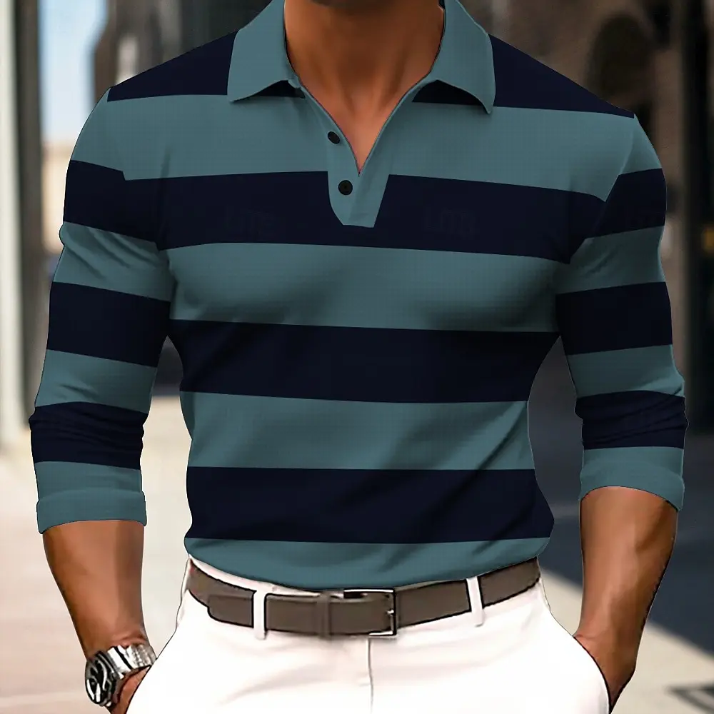 Autumn Fashion Men's Wide Stripe Print Polo Shirt Loose Lapel Button Long Sleeve Pullover Outdoor Street Business Casual Clothes