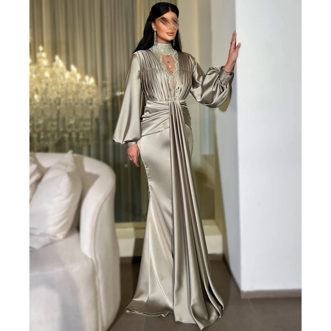 

Арабские вечерние платья с длинными рукавами, женское свадебное платье с высоким воротником, плиссированное кружевное платье для выпускного вечера по индивидуальному заказу, изысканные платья