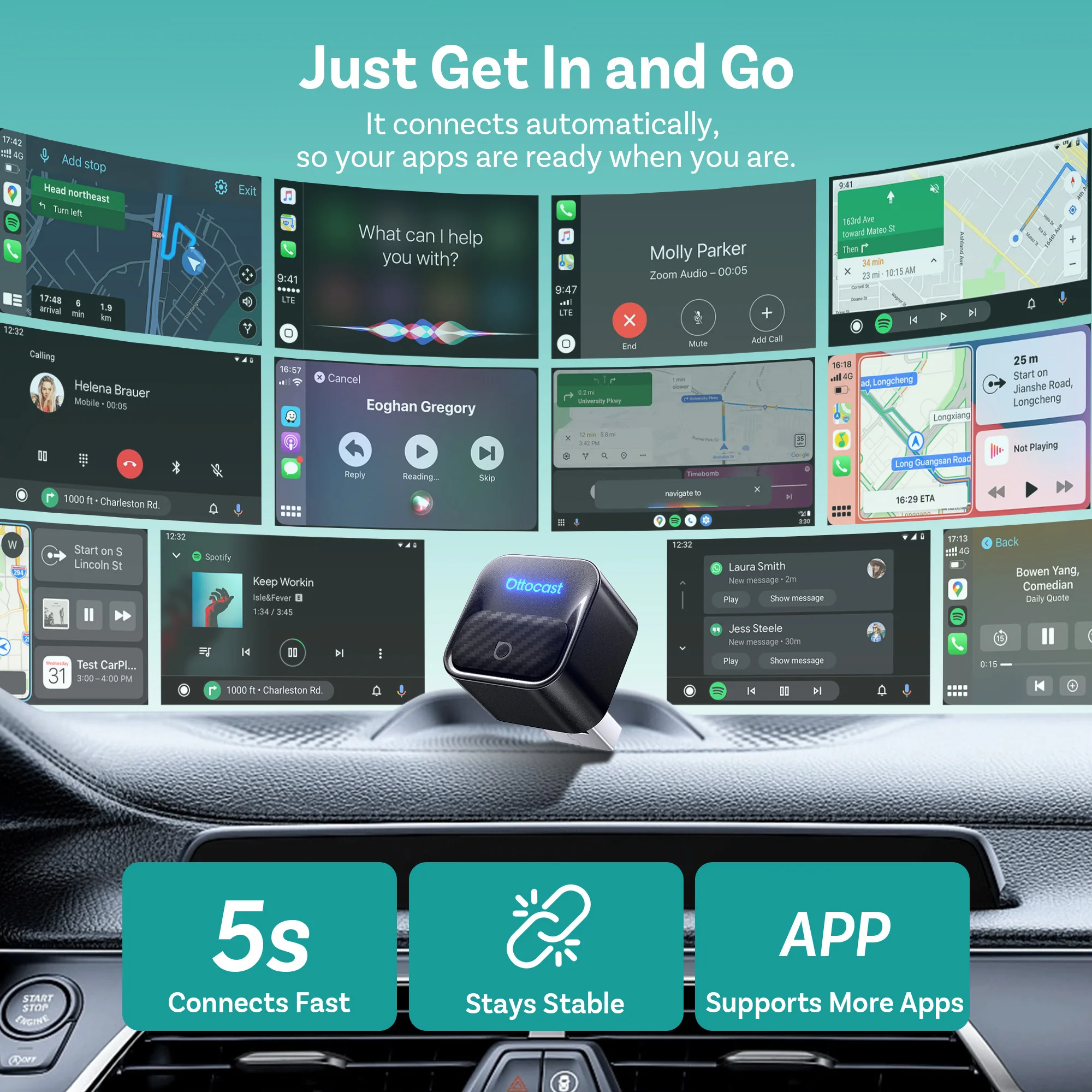 OTTOCAST Mini Core Wireless CarPlay Adapter Android Auto Dongle  WiFi 6 BT5.4 Fast Reconnect Mini Design For Kia Hyundai