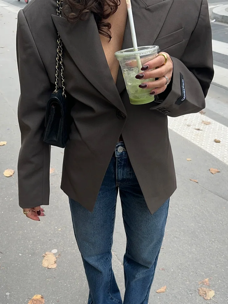 PB & ZAผู้หญิง2024ฤดูใบไม้ร่วง/ฤดูหนาวใหม่เสื้อสูทกว้างไหล่เอวMeladสีทึบCommuter Top