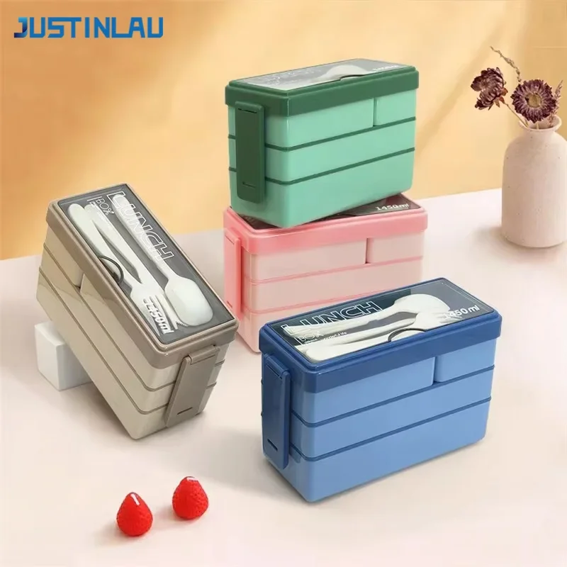 JUSTINLAU 3-Schicht-Fächer-Bento-Box Lunchbox für Schüler mit Gabel und Löffel, mikrowellengeeignete Lebensmittelbehälter
