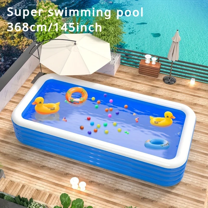 Full-Sized Inflatable Swimming Pool - 145x73x28 inch, 4-Ring Thick PVC Rectangular Pool with Multiple Components,Indoor/Outdoor