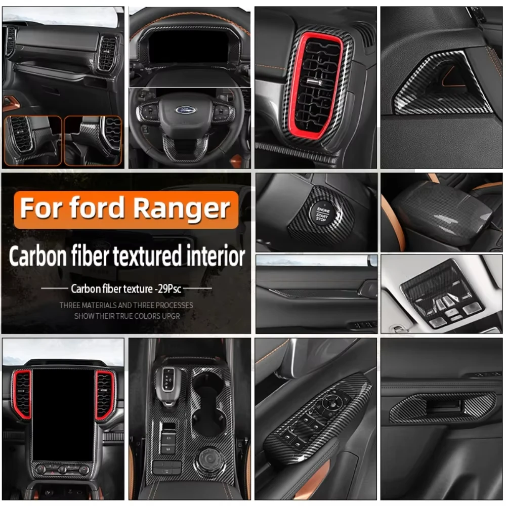 Black Carbon Fiber Interior Trim Overlay Cover for Ford Ranger Wildtrak 2023 2024 Upgrade Inner Decoration Parts Car Accessories