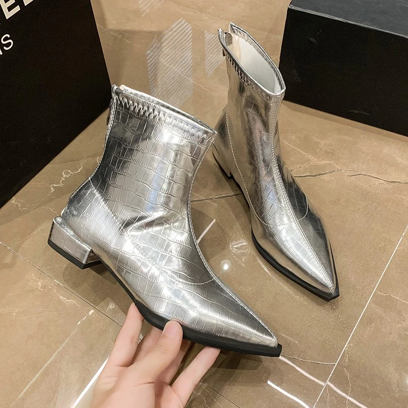 Women Boots 2022 New Ankle Boots Women Silver Black Back Zipper Short Boots Ladies Thick Chunky Medium Heel Biker Boot Shoes