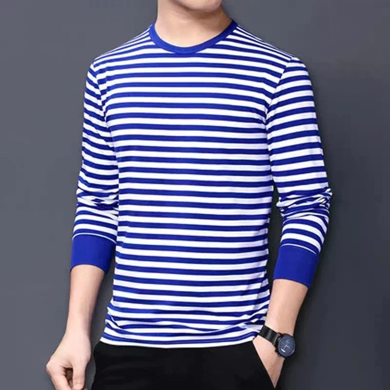 Autumn Men's Fashion Blue White Striped Long-sleeved Shirt Round Neck Casual Loose Pullover Bottoming Shirt Everyday Street Wear