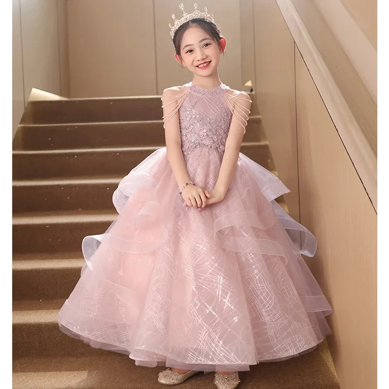 Pink Children Girls Birthday Princess Dress Flower Girl Wedding Formal Celebration Clothes Gown Piano Performance Host Pageant