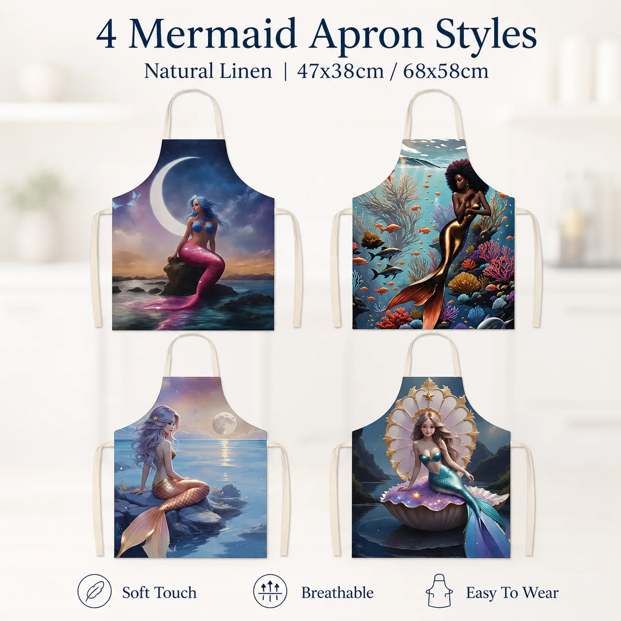 

Fantasy Mermaid Moon 2D Flat Printed Linen Sleeveless Apron Atmospheric Home Kitchen Cooking Baking Bib 2026 Spring Summer