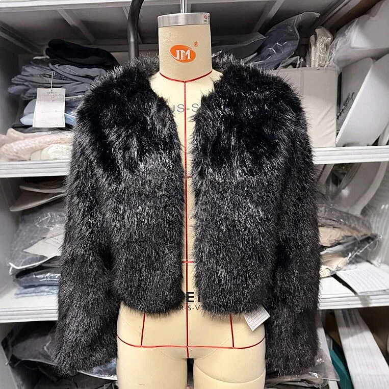 Black Short Faux Fur Coat Women Fall Winter Collarless Cardigan High Waist Thick Plush Warm Top